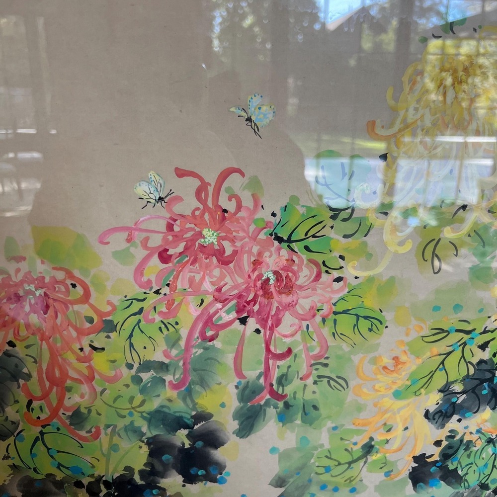 Stunning original Asian watercolor painting of flowers and‎ butterflies